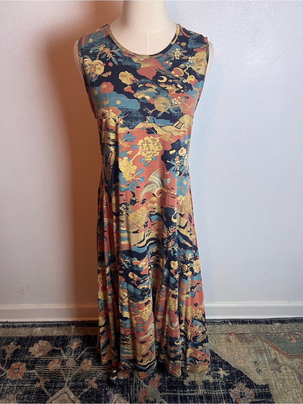 Peruvian Connection Sleeveless Maxi Dress in Rust, Navy, and Mustard 100% Cotton